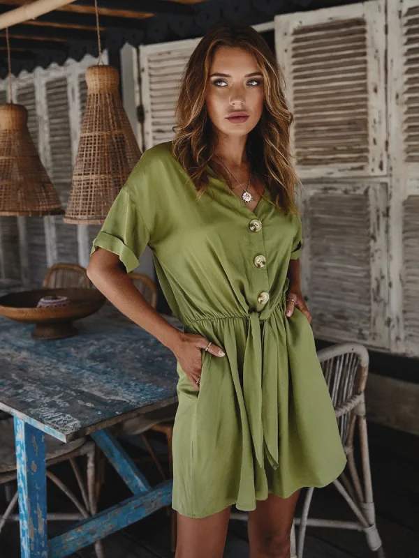 Summer Spring Casual Yellow Shorts Jumpsuit 2021 V-Neck Buttons Sash 1/2 Sleeves Loose