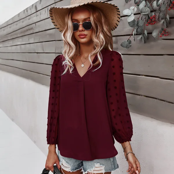 Fashion Spring Summer Blushing Pink Resort Wear Blouses 2021 V-Neck Long Sleeve Loose Women Tops