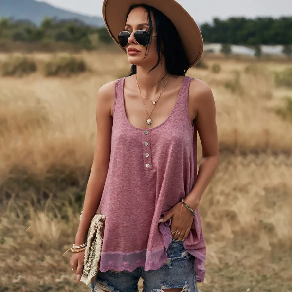 Sexy Spring Summer Casual Navy Blue Women's Tops 2021 Cotton U-Neck Sleeveless Buttons Loose Women Tops