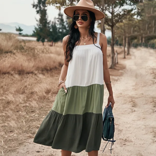 Chic / Beautiful Spring Summer Street Wear Ocean Blue Patchwork Women Dresses 2021 Spaghetti Straps Loose Sleeveless
