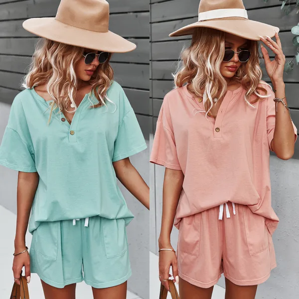 Casual Vår Sommar Limegrön Enfärgad Shorts T-Shirts 2021 V-Hals Knappar Korta ärm Lösa