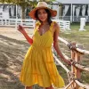 Sexy Orange Spring Summer Street Wear Ruffle Women Dresses 2021 V-Neck Sleeveless Buttons Bow Loose