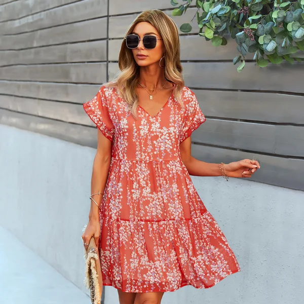 Comfortable Spring Summer Street Wear White Floral Women Dresses 2021 Loose V-Neck Short Sleeve
