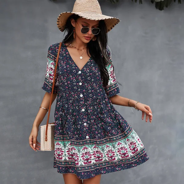 Bohemia Spring Summer Resort Wear Khaki Floral Women Dresses 2021 V-Neck Short Sleeve Loose