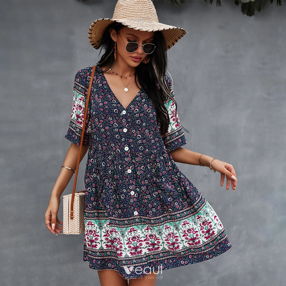 Bohemia Spring Summer Resort Wear Khaki Floral Women Dresses 2021 V-Neck  Short Sleeve Loose
