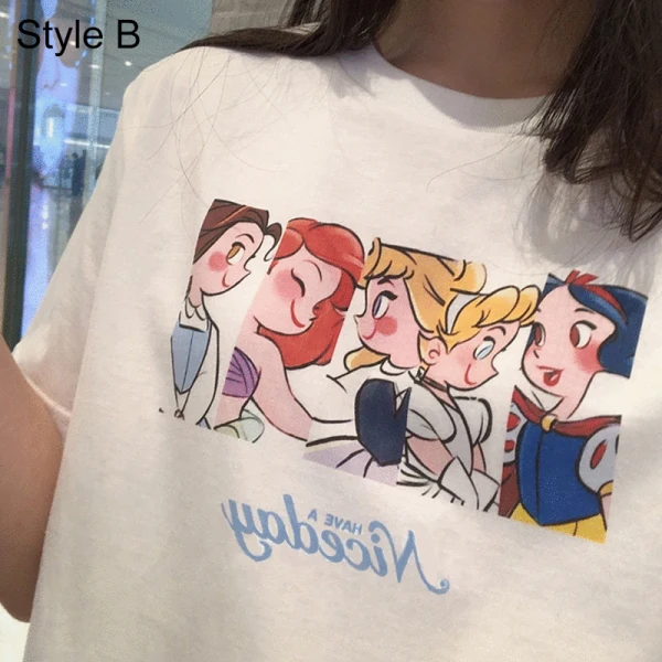 Summer Casual White Cartoon Printing T-Shirts 2021 Cotton Scoop Neck Short Sleeve Women's Tops