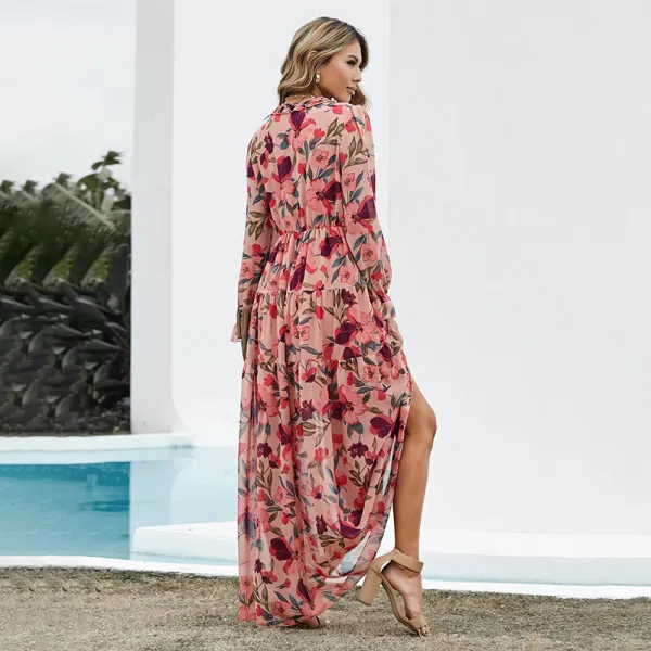 Mooie Prachtige Voorjaar Zomer Resort slijtage Strand Rode Bloemen Maxi jurken 2021 V Hals Lange Mouwen Lange Dames Jurken