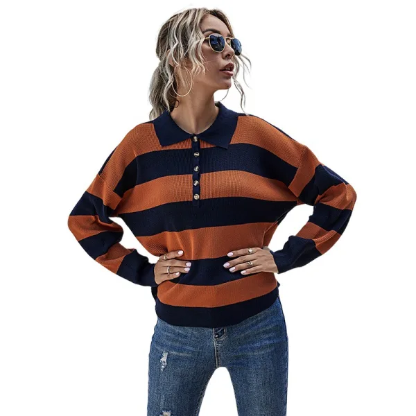Fashion Fall Winter Street Wear Orange Lapel Stripe Sweaters 2021 Cotton Long Sleeve Regular Women Tops