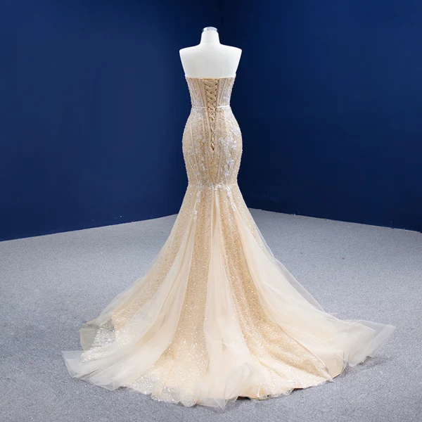 Sexy Charmant Champagne Perlage Trompette / Sirène Robe De Mariée 2021 Sans Manches Perle En Dentelle Fleur Noeud Ceinture Paillettes Bustier