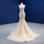 Sexy Charmant Champagne Perlage Trompette / Sirène Robe De Mariée 2021 Sans Manches Perle En Dentelle Fleur Noeud Ceinture Paillettes Bustier