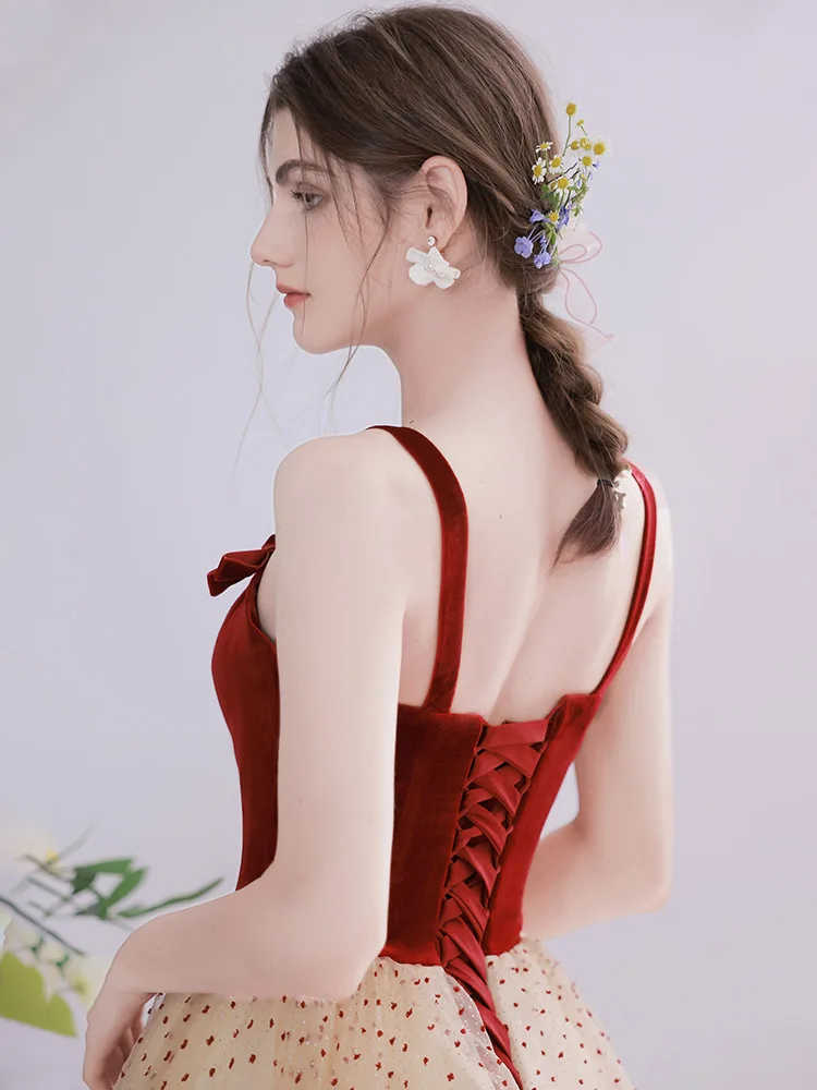Classic Burgundy Spotted Prom Dresses 2021 A-Line Princess Suede Spaghetti Straps Bow Classic Burgundy Spotted Prom Dresses 2021 A-Line Princess Suede Spaghetti Straps Bow