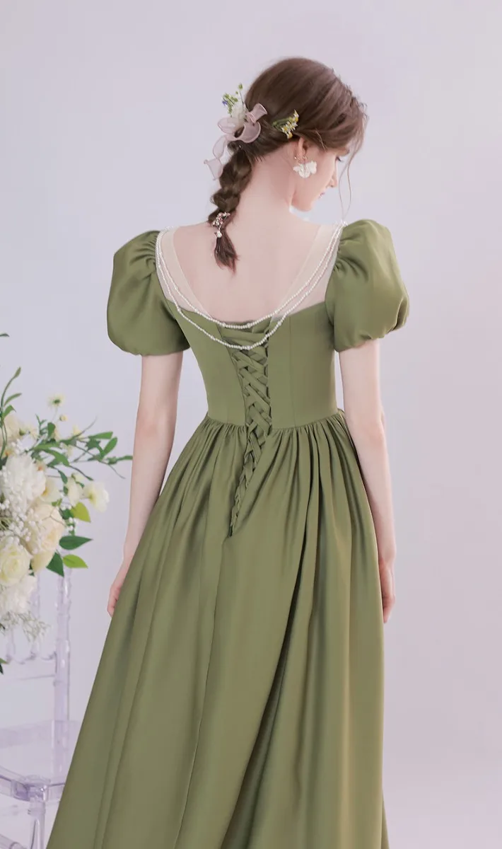Vintage Retro Olive Green Satin Homecoming Prom Dresses 2021 A-Line Princess Scoop Neck