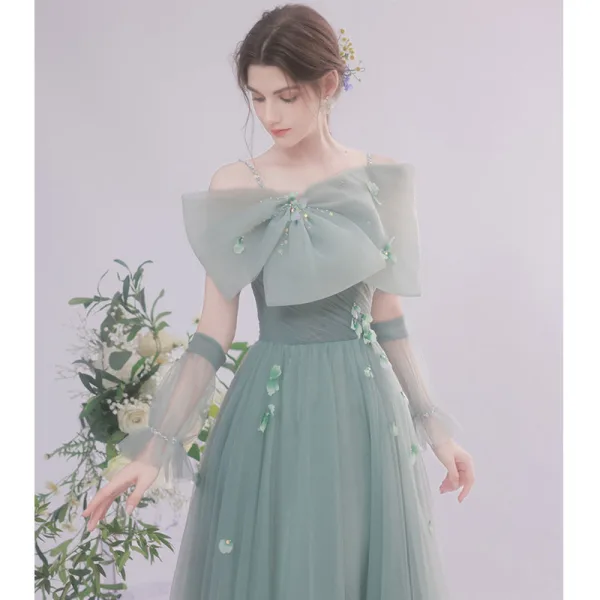 Illusion Sage Green Homecoming Prom Dresses Graduation Dresses 2021 A-Line / Princess Spaghetti Straps Sleeveless Bow Beading Appliques Backless Tea-length Formal Dresses