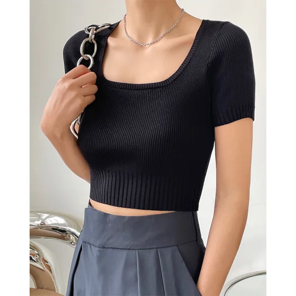 Fashion Black Summer Street Wear Knitting Tight  T-Shirts 2021 U-Neck Short Sleeve Women's Tops T-shirt