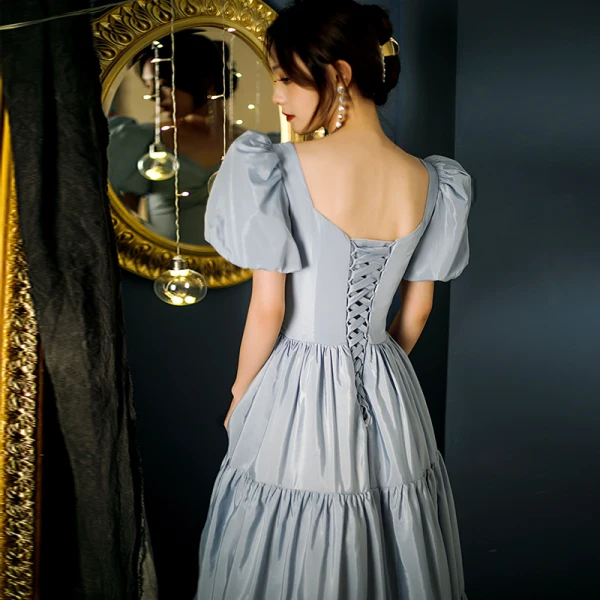 Chic / Beautiful Sky Blue Ruffle Prom Dresses 2021 A-Line / Princess V-Neck Puffy Short Sleeve Backless Floor-Length / Long Formal Dresses