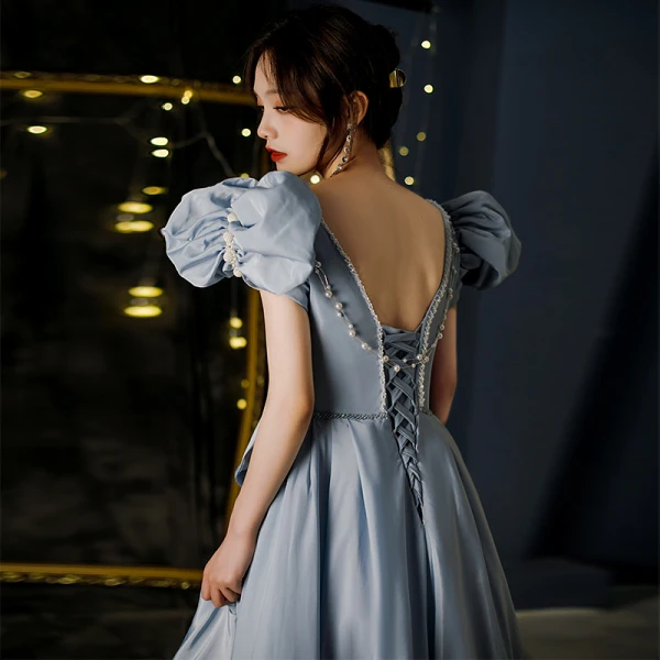 Vintage / Originale Bleu Ciel Robe De Bal 2021 Princesse Encolure Carrée Perlage Perle Noeud Gonflée Manches Courtes Dos Nu Longue Robe De Ceremonie