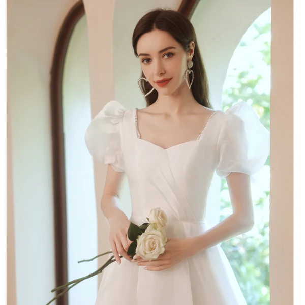 Vintage / Retro Modest / Simple Ivory Pearl Prom Dresses 2021 A-Line / Princess Square Neckline Puffy Short Sleeve Backless Bow Floor-Length / Long Formal Dresses