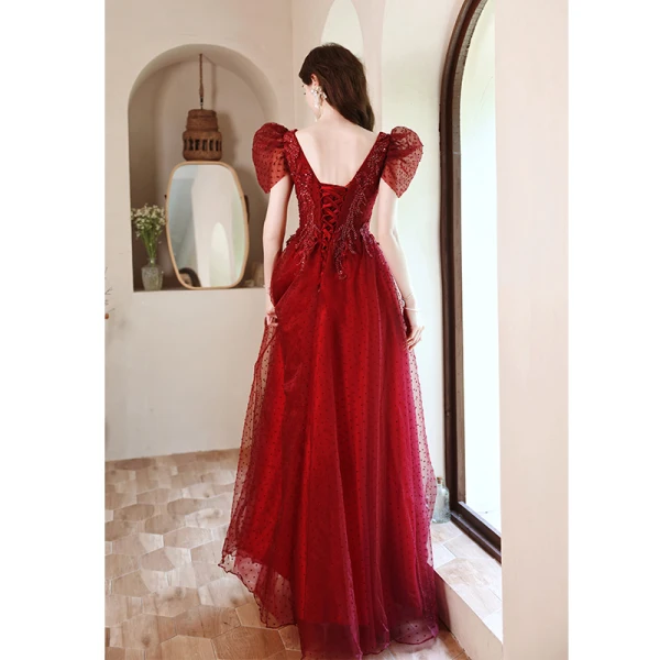 Elegant Burgundy Lace Flower Prom Dresses 2021 A-Line / Princess V-Neck Beading Pearl Cap Sleeves Backless Floor-Length / Long Formal Dresses