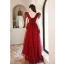 Elegant Burgundy Lace Flower Prom Dresses 2021 A-Line / Princess V-Neck Beading Pearl Cap Sleeves Backless Floor-Length / Long Formal Dresses