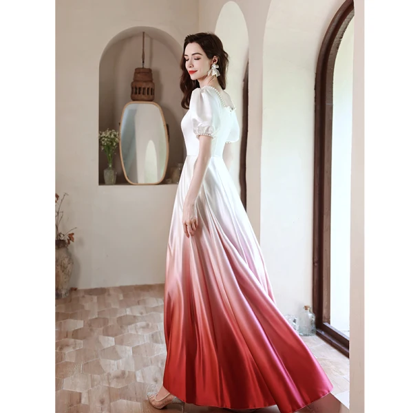 Fashion Gradient-Color Pearl Prom Dresses 2021 A-Line / Princess Satin Square Neckline Puffy Short Sleeve Backless Floor-Length / Long Formal Dresses