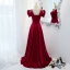 Elegant Burgundy Satin Prom Dresses 2021 A-Line / Princess Scoop Neck Pearl Rhinestone Puffy Short Sleeve Sash Backless Floor-Length / Long Formal Dresses
