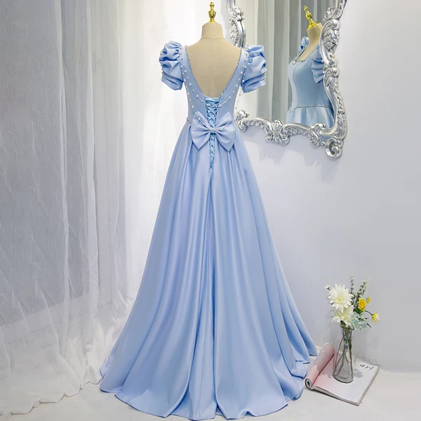 Chic / Belle Bleu Ciel Robe De Bal 2021 Princesse Encolure Carrée Perle Faux Diamant Manches Courtes Dos Nu Noeud Longue Robe De Ceremonie