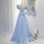 Chic / Belle Bleu Ciel Robe De Bal 2021 Princesse Encolure Carrée Perle Faux Diamant Manches Courtes Dos Nu Noeud Longue Robe De Ceremonie