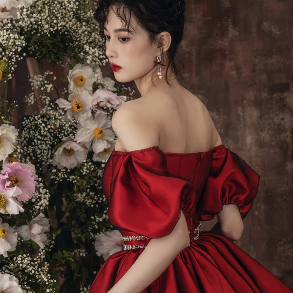 Charming Burgundy Ruffle Rhinestone Evening Dresses Party Dresses 2021 A-Line / Princess Square Neckline Puffy Short Sleeve Backless Knee-Length Cocktail Party Evening Party Formal Dresses