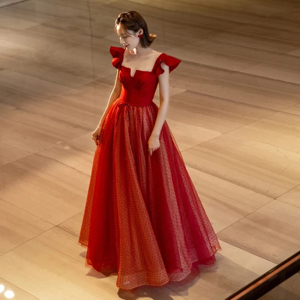 Charming Burgundy Evening Dresses  Prom Dresses 2021 A-Line / Princess Satin Square Neckline Sequins Bow Short Sleeve Backless Floor-Length / Long Formal Dresses