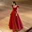 Charming Burgundy Evening Dresses  Prom Dresses 2021 A-Line / Princess Satin Square Neckline Sequins Bow Short Sleeve Backless Floor-Length / Long Formal Dresses