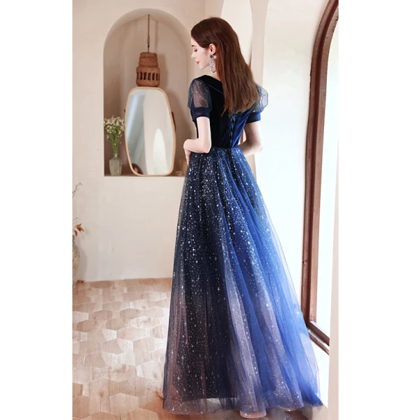 open lace back dress Chic A-line Ball Gown Dark Navy Sweep Train Tulle Modest Rhinestone Lo –  Promfast main image 1