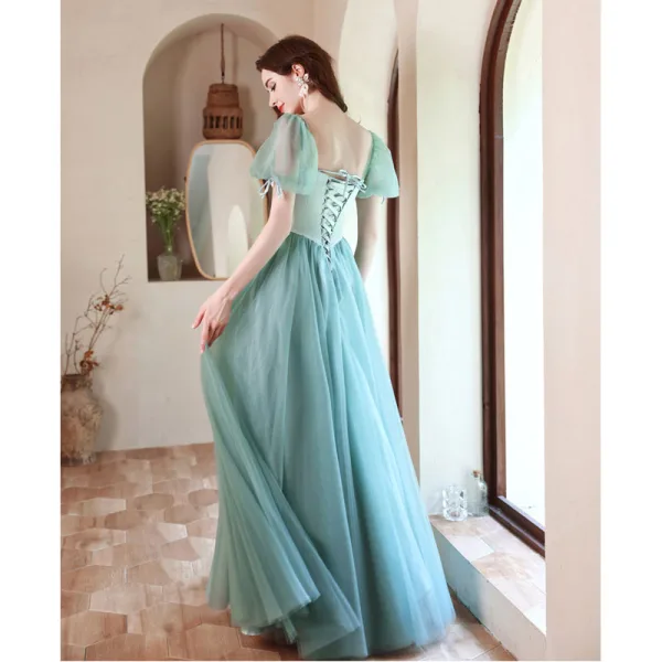 Elegant Mint Green Prom Dresses 2021 A-Line / Princess Square Neckline Puffy Short Sleeve Backless Bow Floor-Length / Long Formal Dresses