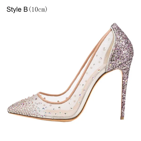 Błyszczące Uroczy Rumieniąc Różowy Wieczorowe Czółenka 2020 Rhinestone Cekiny 8 cm Szpilki Szpiczaste Czółenka