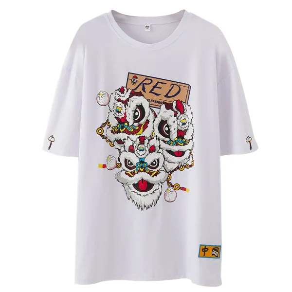 Chinese style Summer Black Loose Casual Cartoon Printing T-Shirts 2021 Cotton Scoop Neck Short Sleeve Women's Tops T-shirt