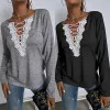 Sexy Fall Winter Street Wear Black Lace Flower T-Shirts 2021 V-Neck Loose Long Sleeve Women Tops