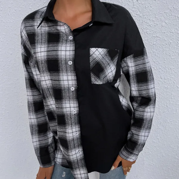 Désinvolte Tomber Hiver Noire Blanche Plaid Ample Blouses 2021 Revers Manches Longues Femme Hauts