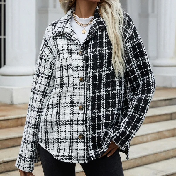 Fashion Two Tone White Black Plaid Fall Winter Street Wear Coats & Jackets 2021 Lapel Loose Long Sleeve Women Tops