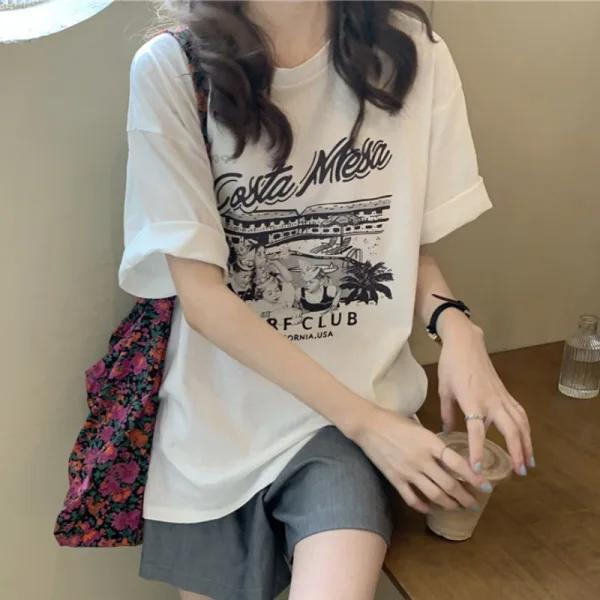 Summer Casual White Printing Loose T-Shirts 2021 Cotton Scoop Neck Short Sleeve Women's Tops T-shirt