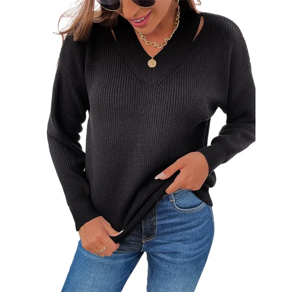 Fall Winter Street Wear Pool Blue Solid Color Knitting Sweaters 2021 V-Neck Long Sleeve Loose Women Tops