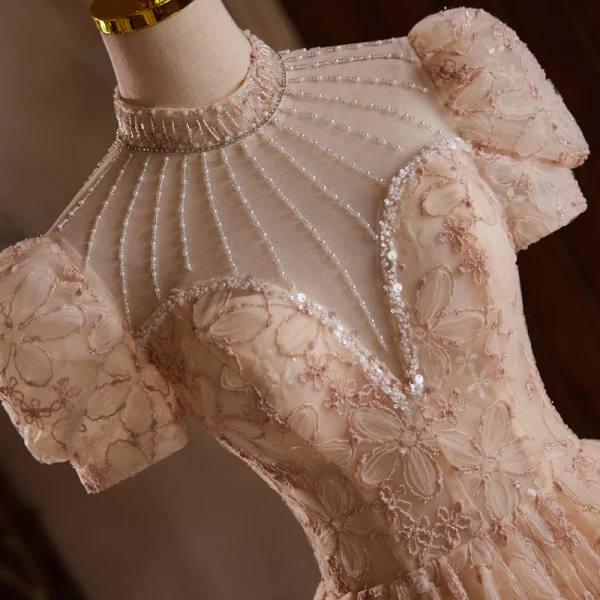 Chic / Beautiful Champagne Beading Pearl Sequins Flower Party Dresses 2024 Ball Gown High Neck Puffy Short Sleeve Backless Tea-length Cocktail Party Evening Party