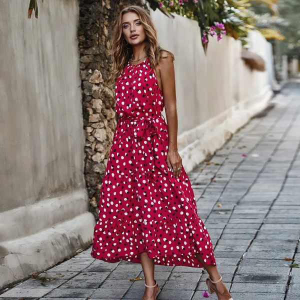 Bohemia Summer Beach Street Wear Black White Spotted 2021 A-Line / Princess Halter Sash Bow Sleeveless Tea-length Maxi Dresses Women Maxi Dresses Dresses