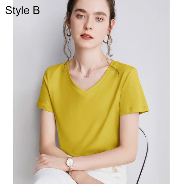 Modest / Simple Summer Casual OL White Regular T-Shirts 2021 Cotton V-Neck Short Sleeve Women's Tops T-shirt