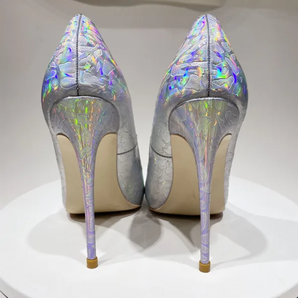 Unusual Silver Laser Cocktail Party Evening Party Pumps 2021 Leather 12 cm Stiletto Heels High Heels 12 cm Heels Pointed Toe Pumps