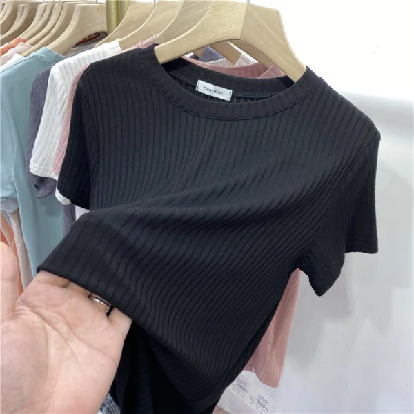 Summer Casual Grey Stripe Loose T-Shirts 2021 Scoop Neck Short Sleeve Women's Tops T-shirt