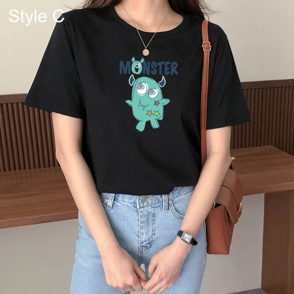 Chic / Beautiful Black Summer Casual Cartoon Printing Cotton Loose T-shirt 2021 Scoop Neck Short Sleeve Women's Tops T-Shirts