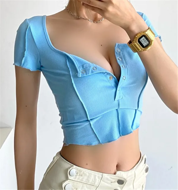 Sexy Summer Sky Blue Street Wear Tight T-Shirts 2021 U-Neck Short Sleeve Women's Tops