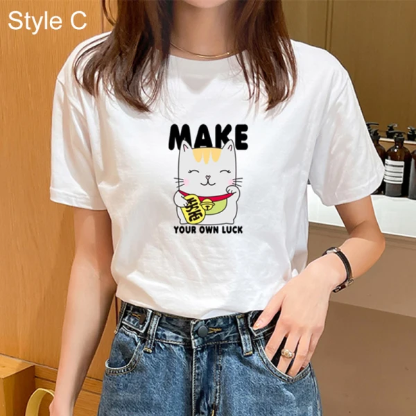Casual Summer White Loose Cartoon Printing T-Shirts 2021 Cotton Scoop Neck Short Sleeve Women's Tops T-shirt