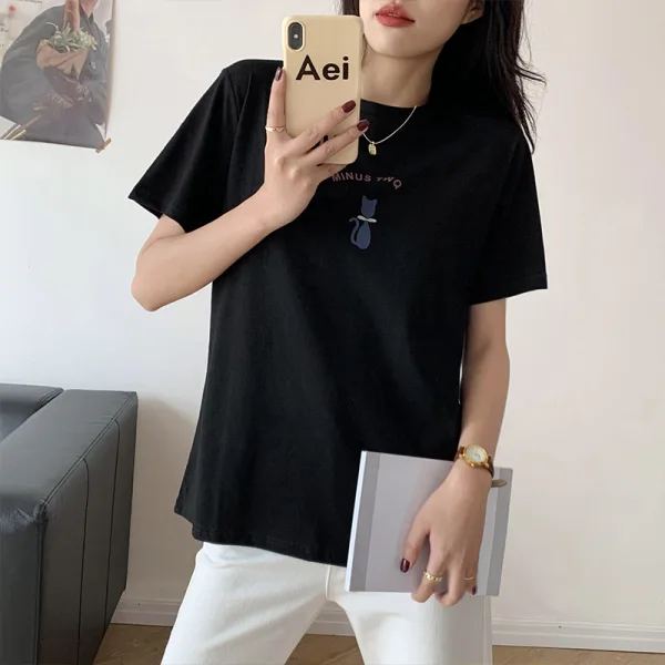 Fashion Summer Street Wear Cotton Cartoon Printing Black T-Shirts 2021 Loose Scoop Neck Short Sleeve Women's Tops T-shirt
