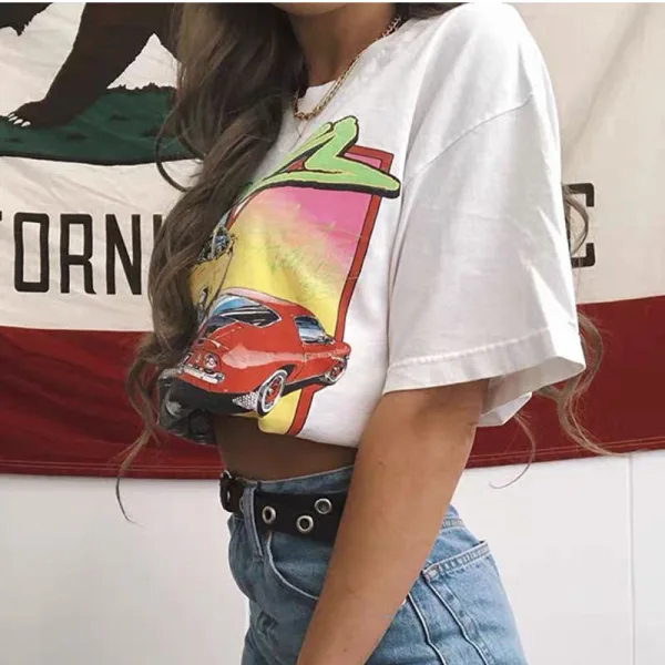 Vintage / Retro Summer White Casual Cotton Cartoon Printing T-Shirts 2021 Scoop Neck Short Sleeve Loose Women's Tops T-shirt