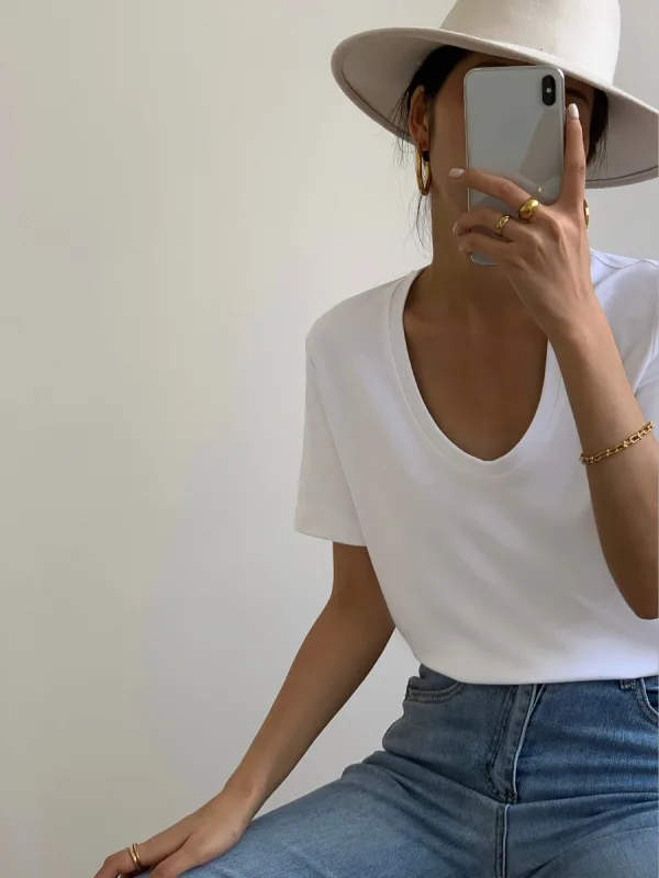 Summer Casual Loose Black Solid Color T-Shirts 2021 Cotton Scoop Neck Short Sleeve Women's Tops T-shirt